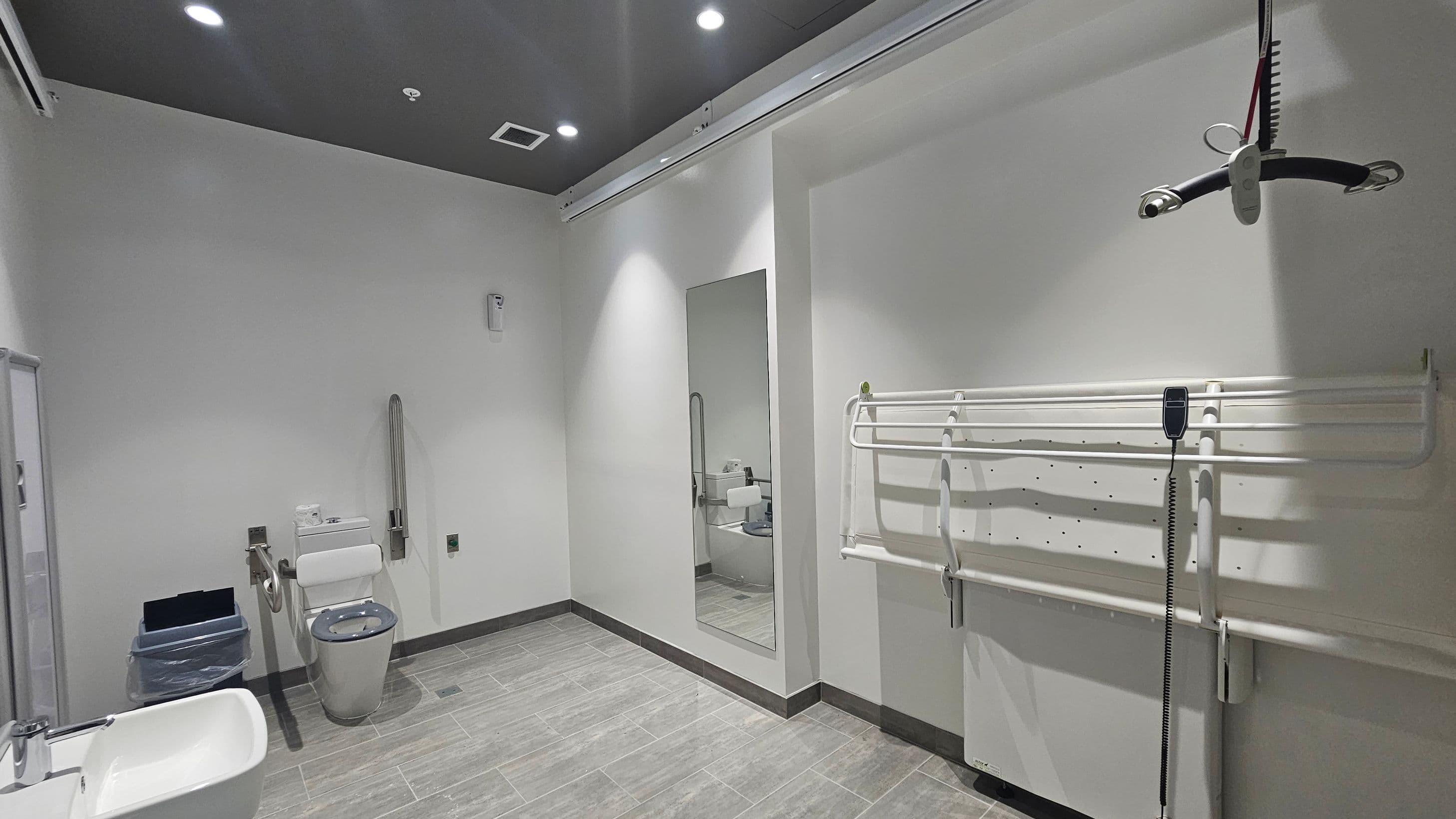 A spacious, accessible bathroom with a grey tiled floor and a dark ceiling with recessed lighting. On the left, there's a white sink and a toilet with support rails. A blue bin is nearby. In the centre, a large vertical mirror is mounted on the wall. On the right, a white adjustable changing table with a control panel is attached to the wall. A ceiling track hoist is visible above the changing table.