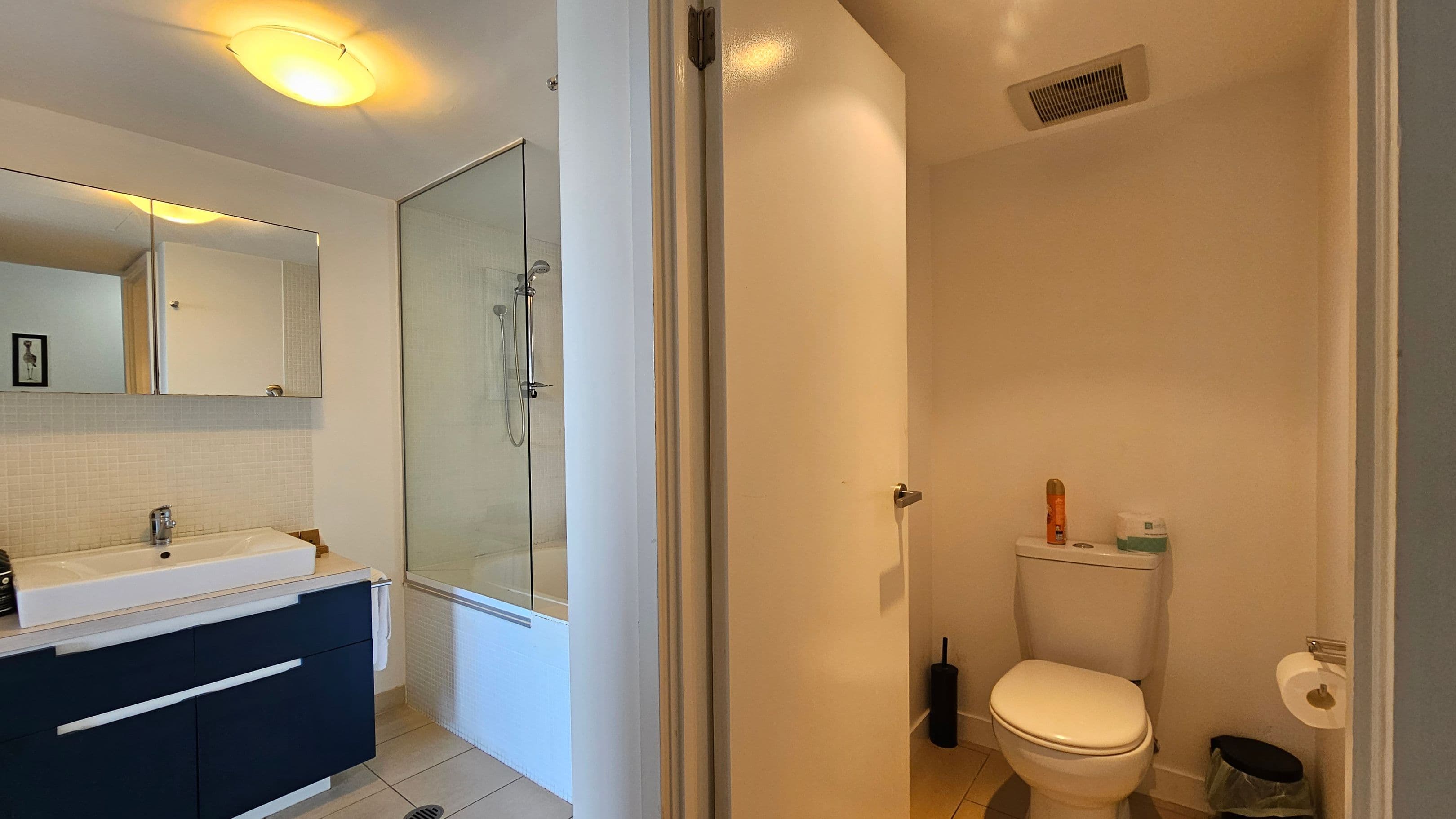 On the left, there is a bathroom with a large mirror above a white sink set in a dark cabinet. Next to it is a bathtub with a glass shower screen. On the right, a separate toilet room is visible, featuring a white toilet with a few items on the cistern, including a spray can and a box. The floor is tiled, and a ceiling light is present in the bathroom area.