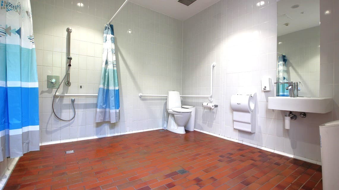 The bathroom is decorated in white and blue, with the patterned curtain hanging around providing privacy.. Simple shades of blue-colored draperies cover the windows in this space. The window coverings soften an area otherwise dominated by smooth, hard surfaces. The toilet, sink, showerhead, toilet paper holder, and towel racks are all visible.