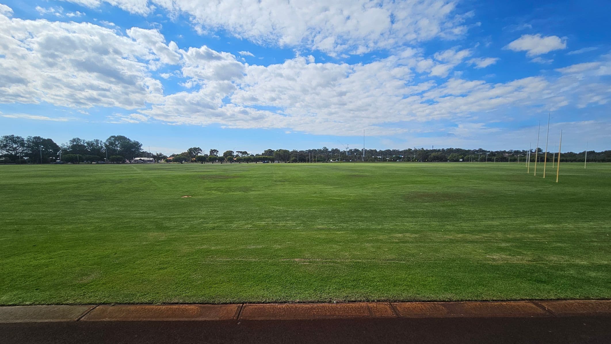 A wide, open grassy field stretches across the image, with a few patches of brown. On the right, several tall goalposts are visible. In the background, a line of trees and some distant structures can be seen. The foreground features a narrow strip of pavement. The sky is partly cloudy with patches of blue.
