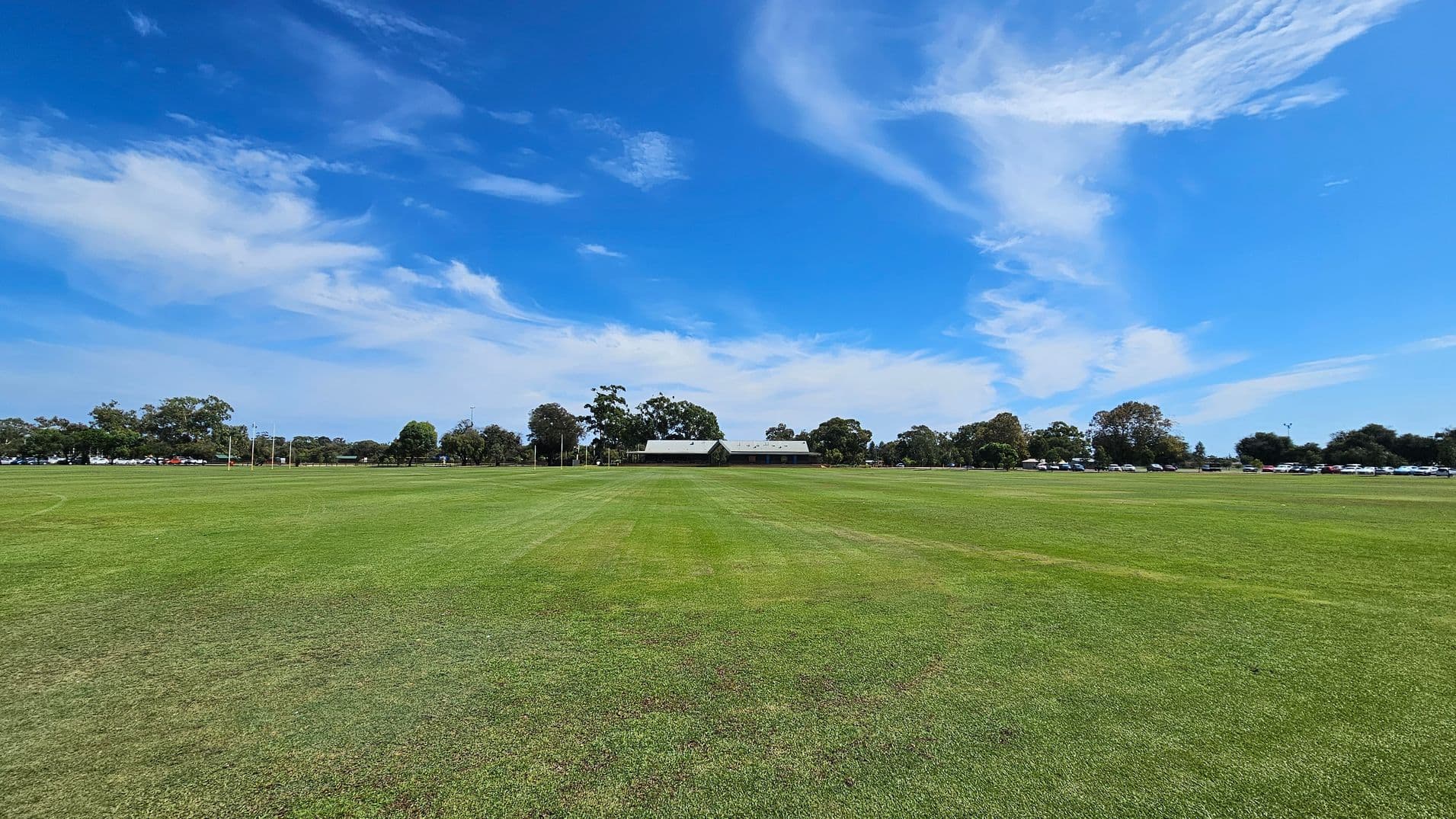 A vast, well-maintained grassy field stretches across the foreground. In the background, a row of trees lines the horizon, with a building featuring a light-coloured roof nestled among them. To the right, a line of parked cars is visible behind the trees. The sky above is clear with some wispy clouds.