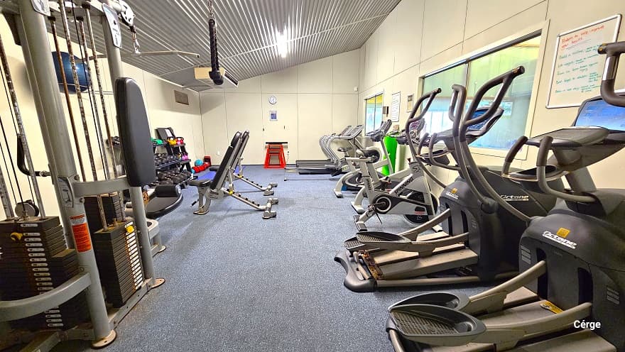 Fitness room in Huntly Aquatic Centre. There are treadmills on the right, while some cardiovascular equipment is placed on the left side of the room. The walls are painted beige with a similar corrugated ceiling structure and design. The floor is covered with a light blue mat, and the walls on the right have two glass windows. On the wall to the back is a white clock.