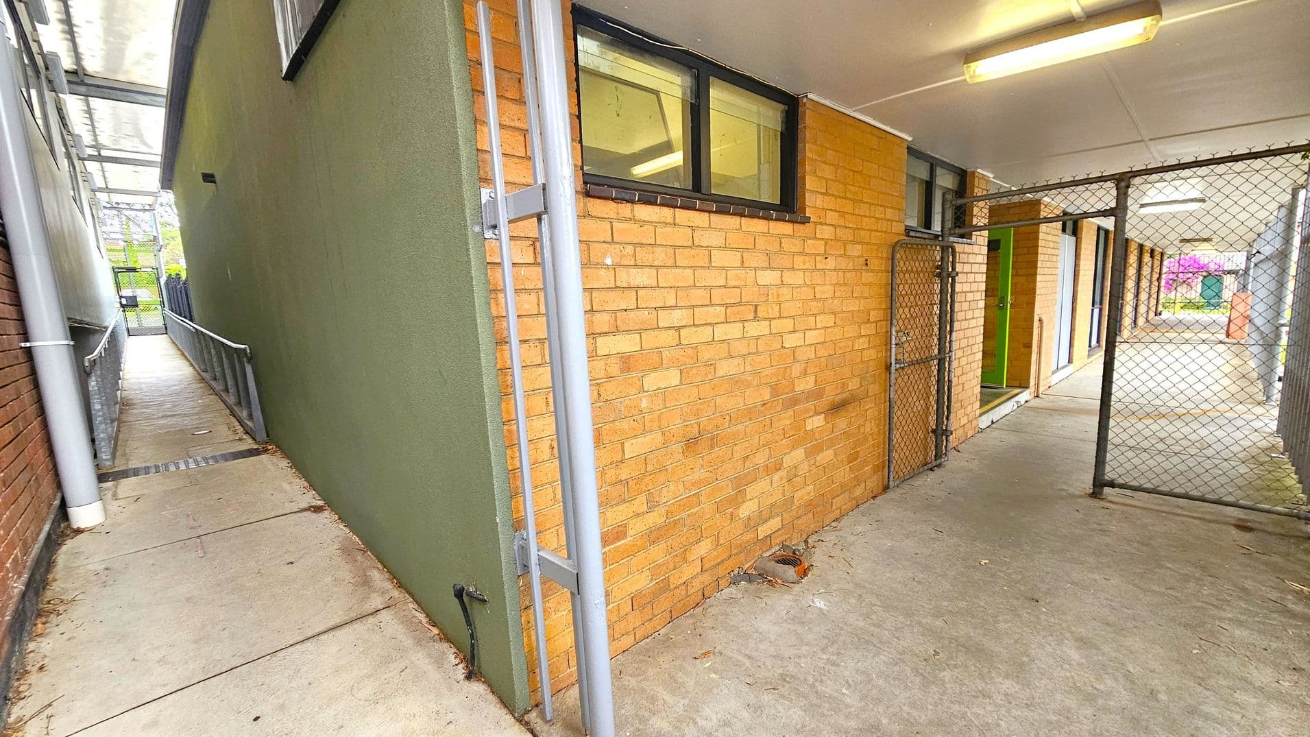 A narrow passageway with a concrete floor. On the left, a green wall with a metal railing leads to a gate. On the right, a brick wall with windows above and a chain-link gate. The ceiling is white with fluorescent lights. In the background, a corridor with more brick walls and a glimpse of greenery and a purple flowering bush.