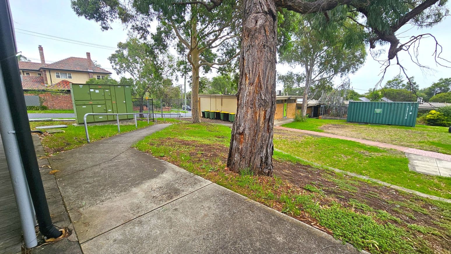 A concrete path curves through a grassy area with a large tree in the centre. On the left, there is a green utility box and a brick building with a tiled roof in the background. On the right, a green shipping container and several wheelie bins are visible near a small building. Trees and a fence line the background, with a mix of grass and dirt on the ground.