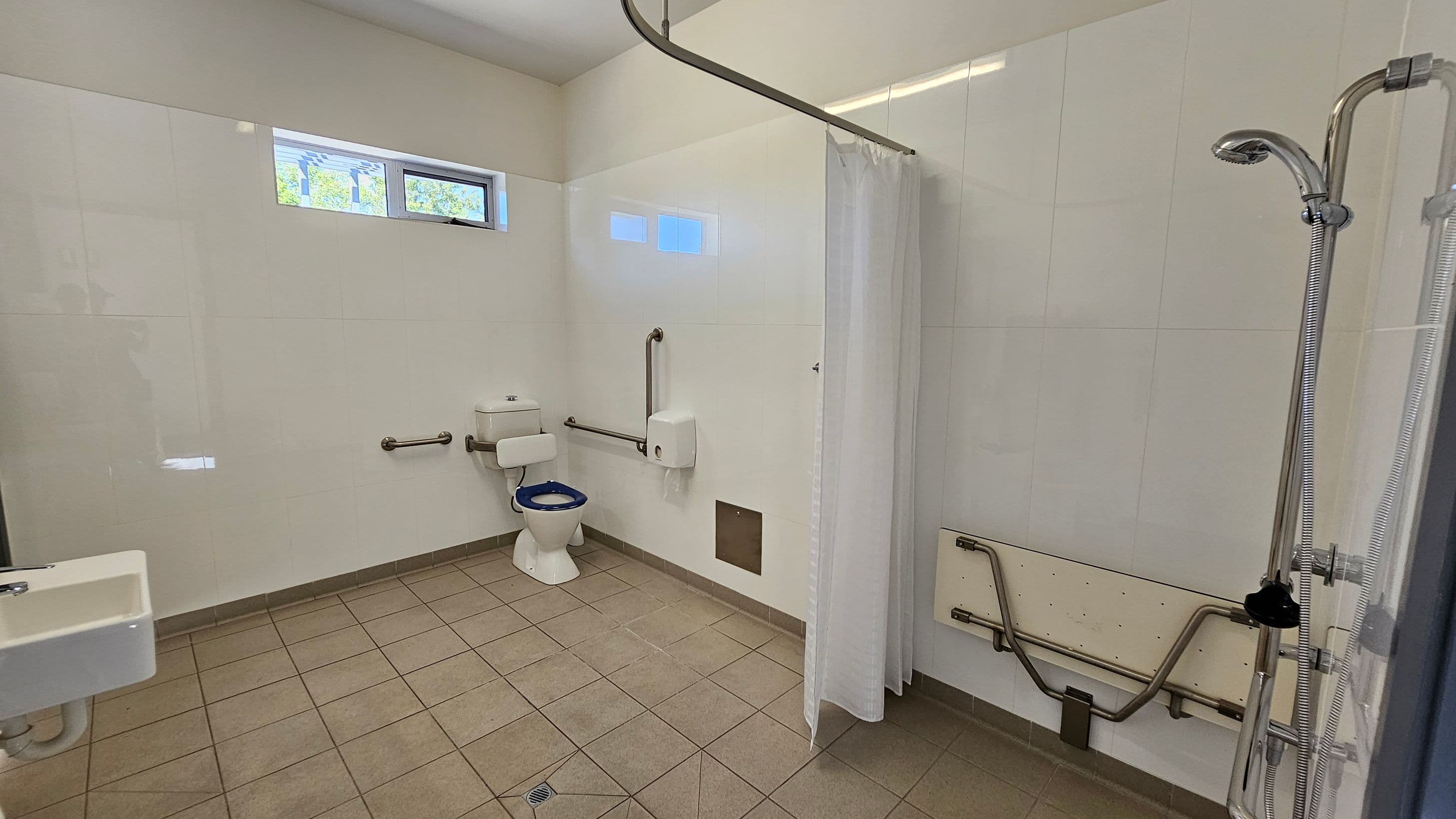 A spacious, accessible bathroom with light green walls and a tiled floor. On the left, there's a small white sink. In the centre, a toilet with support rails on both sides. Above the toilet, a small horizontal window. On the right, a shower area with a handheld showerhead and a white curtain. A foldable shower seat is mounted on the wall. The ceiling is plain and light-coloured.