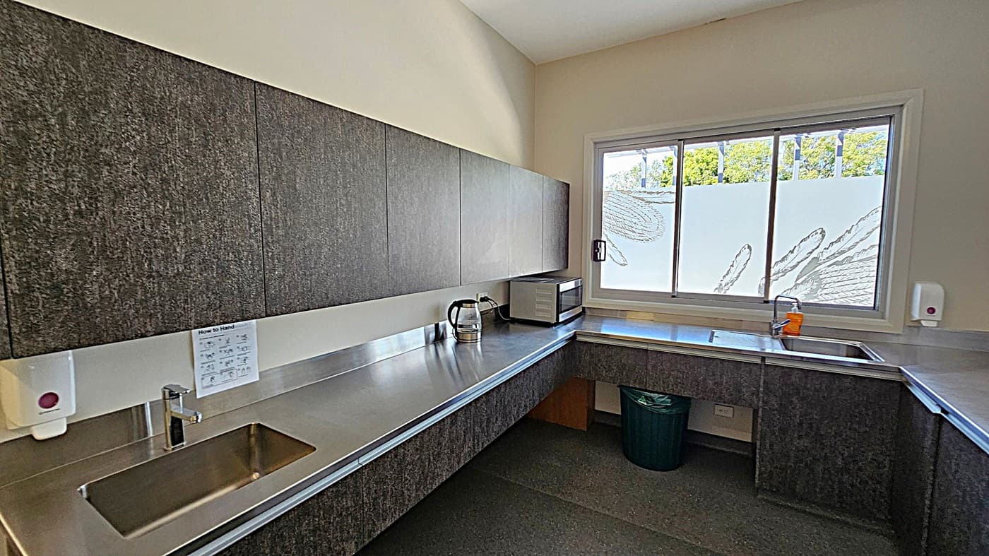 A modern kitchen with dark grey cabinets and stainless steel countertops. On the left, there's a sink with a soap dispenser and a handwashing guide above it. In the corner, a kettle and a microwave sit on the counter. The right side features a large window with frosted glass and a view of trees outside. Below the window is another sink with a dish soap bottle. The floor is dark grey, and a green bin is tucked under the counter. The ceiling is plain white.