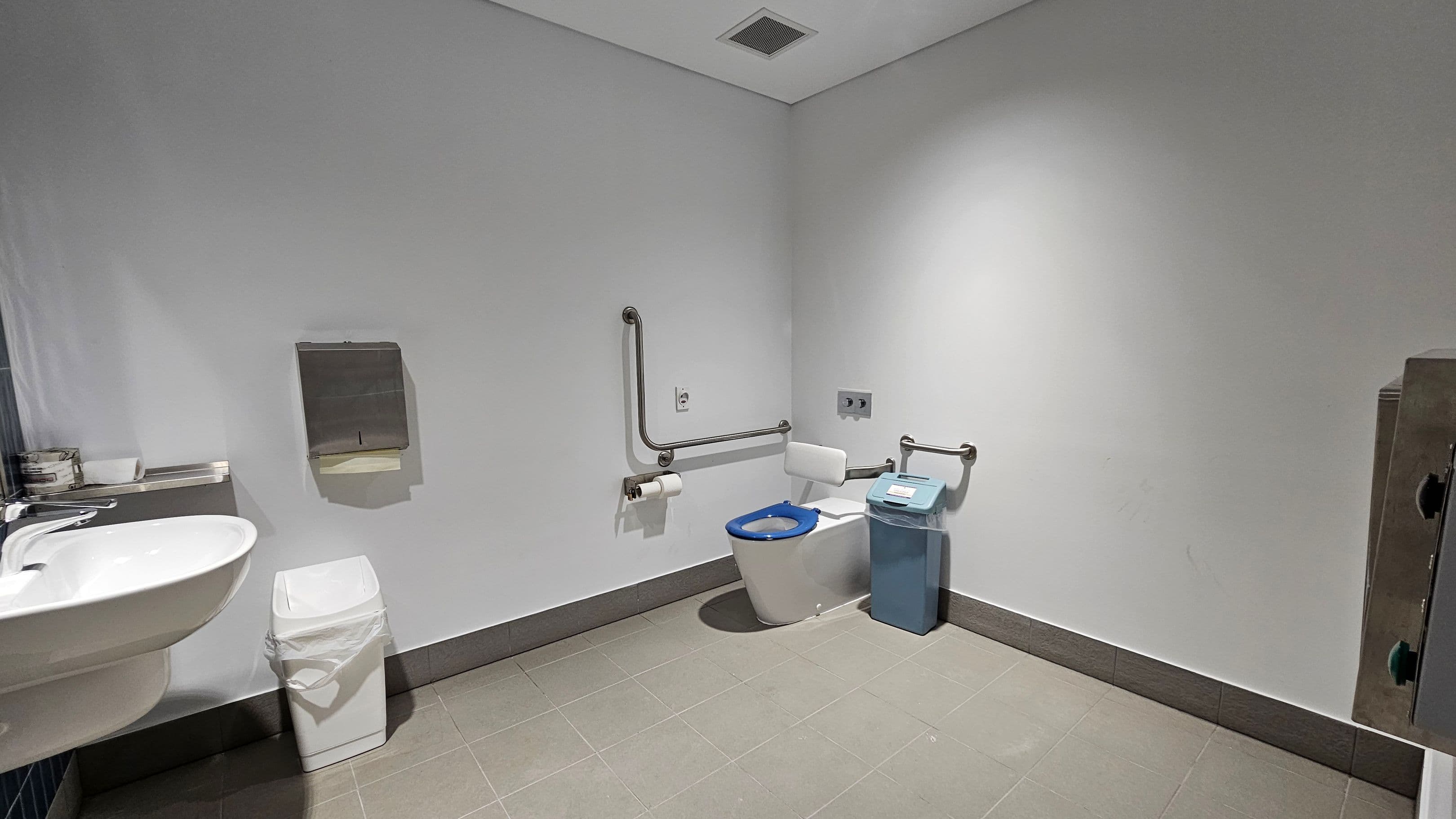 A clean, accessible bathroom with a white toilet featuring a blue seat and support bars on the right. A sanitary bin is next to the toilet. On the left, a white sink with a soap dispenser and a small bin below. A paper towel dispenser is mounted on the wall above the bin. The floor is tiled in light green, and the walls are plain white. The ceiling is white with a ventilation grille.
