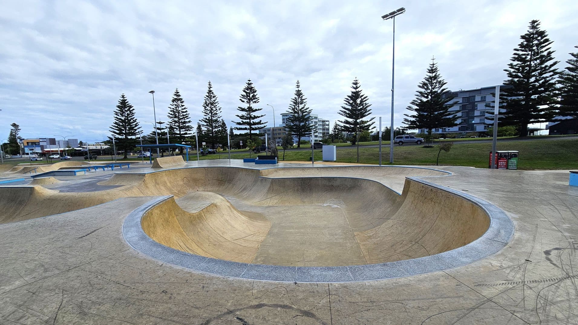 A skate park with smooth concrete surfaces and curved ramps in the foreground. In the background, there are tall pine trees lining the area, with a few modern buildings visible beyond them. The ground is marked with various lines and scuffs from skateboards. There are street lamps and a few benches scattered around the park. A couple of bins are positioned on the right side near the trees.