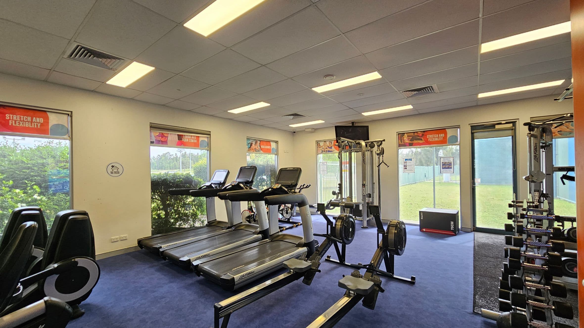 A gym room with blue carpeted flooring and a white ceiling with fluorescent lights. On the left, there are exercise bikes and treadmills facing large windows with greenery outside. In the centre, rowing machines are positioned. On the right, a weight rack with dumbbells and a cable machine are visible. Posters with fitness themes are above the windows, and a TV is mounted near the ceiling. The room is well-lit with natural light from the windows.
