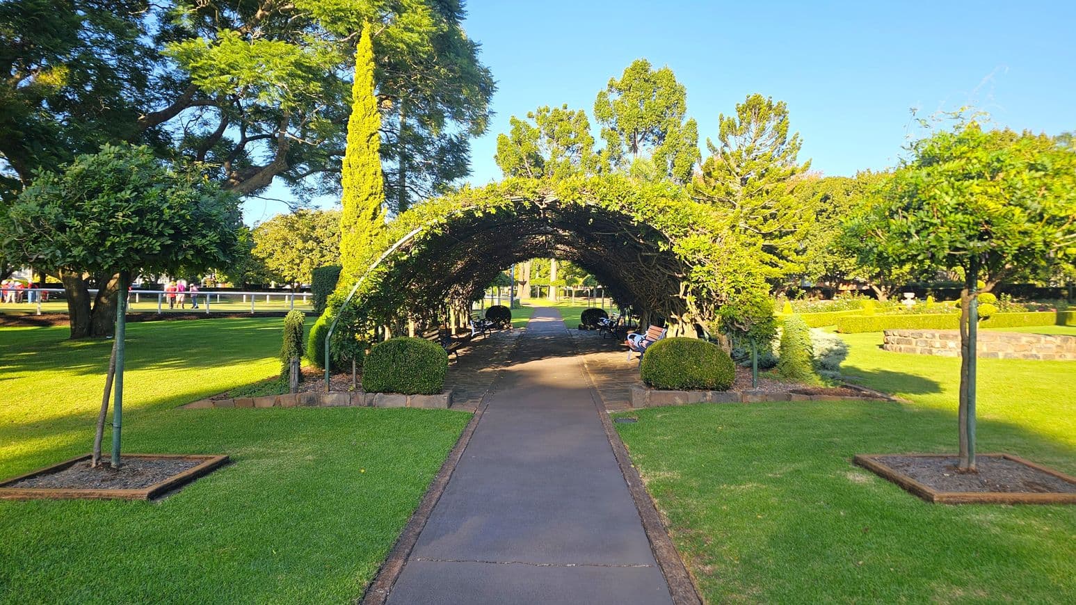 A garden path leads to a tunnel-like arbour covered with lush greenery. On either side of the path, there are neatly trimmed bushes and small trees planted in square wooden frames. Benches are placed under the arbour, providing seating. The surrounding area features well-maintained grass and various trees, with a stone wall visible on the right. In the background, people can be seen walking near a white fence.