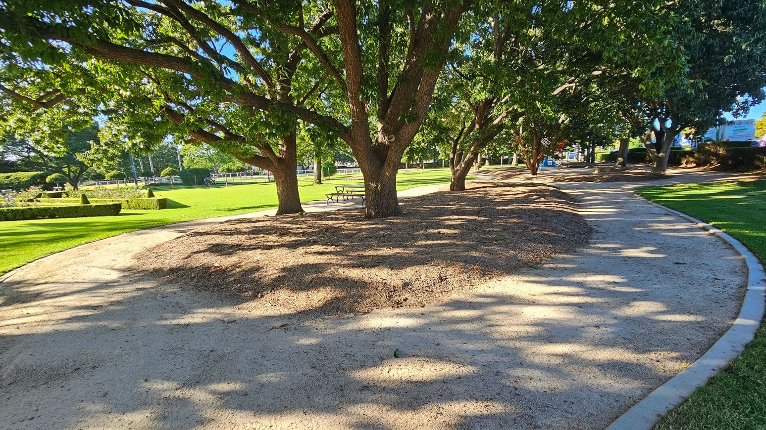 A park scene with a dirt path curving from the foreground to the right. Large trees with dense green foliage provide shade over the path and surrounding area. In the centre, a picnic table is partially visible beneath a tree. To the left, a well-maintained lawn and trimmed hedges are visible. In the background, there are more trees and a glimpse of a fence. Shadows of the trees create patterns on the ground.