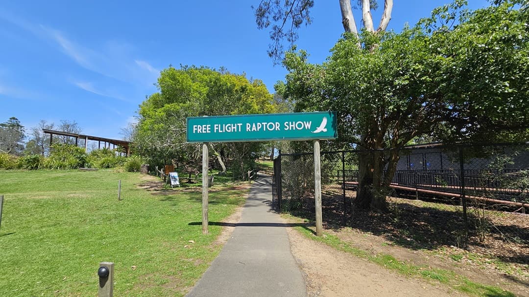 A slender concrete path runs through the center. A sign above, with a green arch, reads "Free Flight Raptor Show." On the left, there's a grassy area featuring wooden bollard lights and freestanding banners. Continuing, a shaded structure with a sloping roof appears. On the right, another shaded structure is enclosed by a chain fence, with trees inside.