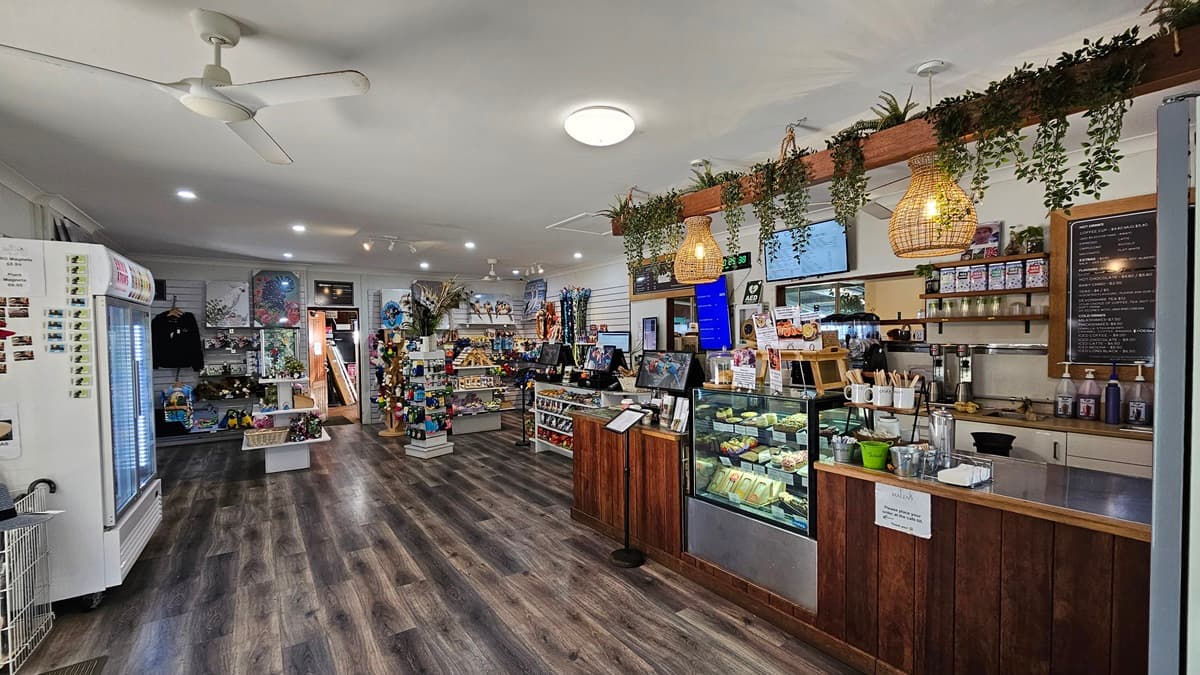 On the left, there is a white refrigerator and a wall with various hanging items, including clothes and accessories. In the middle, there are shelves filled with souvenirs, books, and toys, leading to a back area with more items. On the right, there is a wooden counter with a glass display case containing food, hanging plants, and pendant lights above. The floor is dark wood, and the ceiling is white with recessed lighting and a ceiling fan.