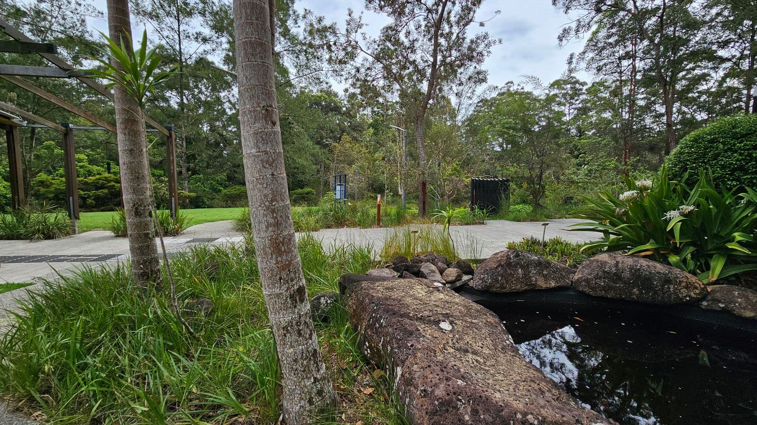 A garden scene with a small pond in the foreground, surrounded by large rocks. On the left, there are tall palm trees and a wooden pergola structure. The right side features lush green plants with white flowers. In the background, a path leads through dense trees and greenery, with a sign and a dark structure visible. The ground is covered with grass and concrete paths.