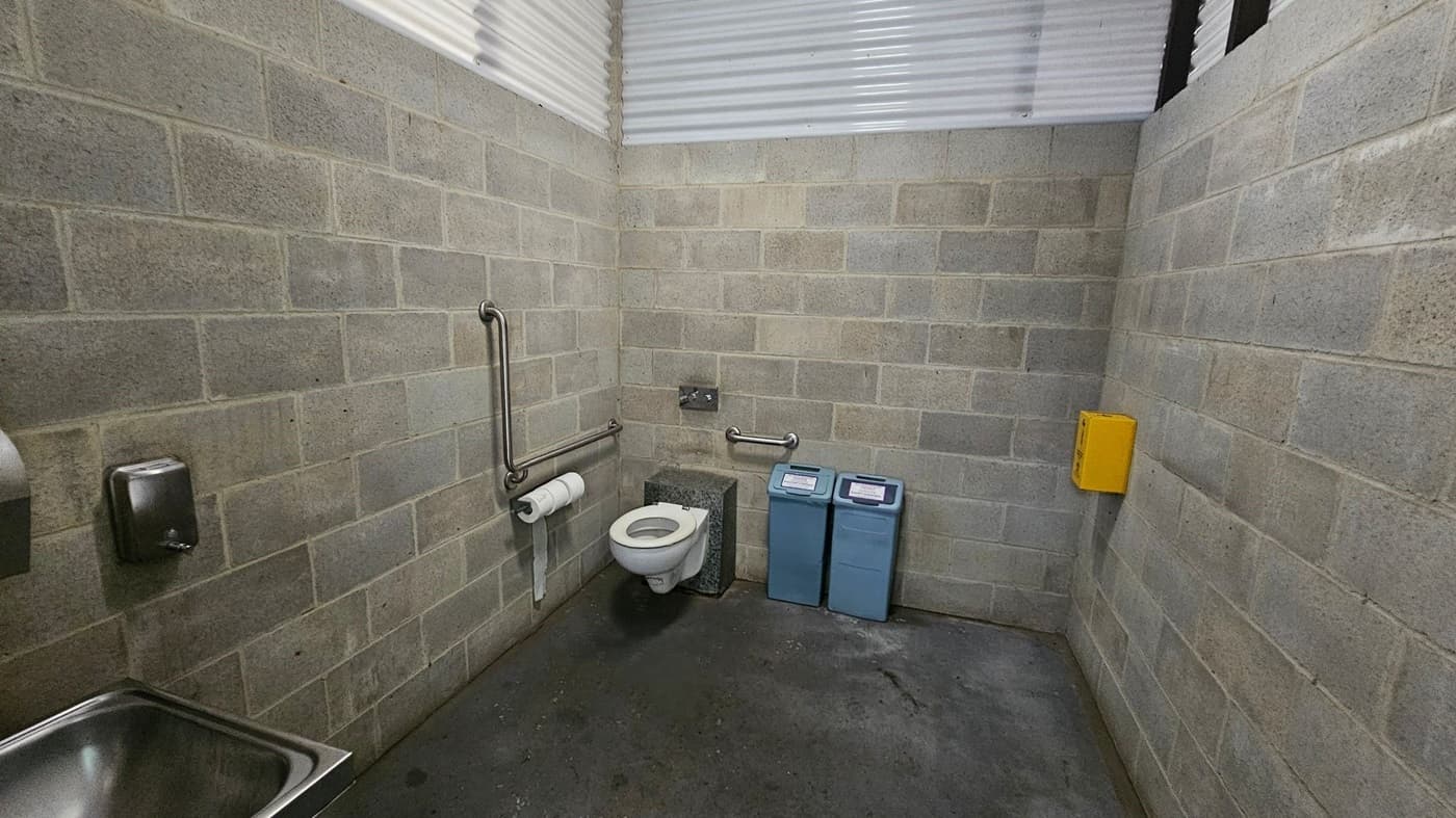 A public toilet with greenish-grey cinder block walls. On the left, there's a stainless steel sink and a soap dispenser. In the centre, a wall-mounted toilet with grab bars and a toilet paper holder. To the right of the toilet, two blue bins with labels. A yellow box is mounted on the right wall. The floor is concrete with some stains, and the ceiling has corrugated translucent panels.