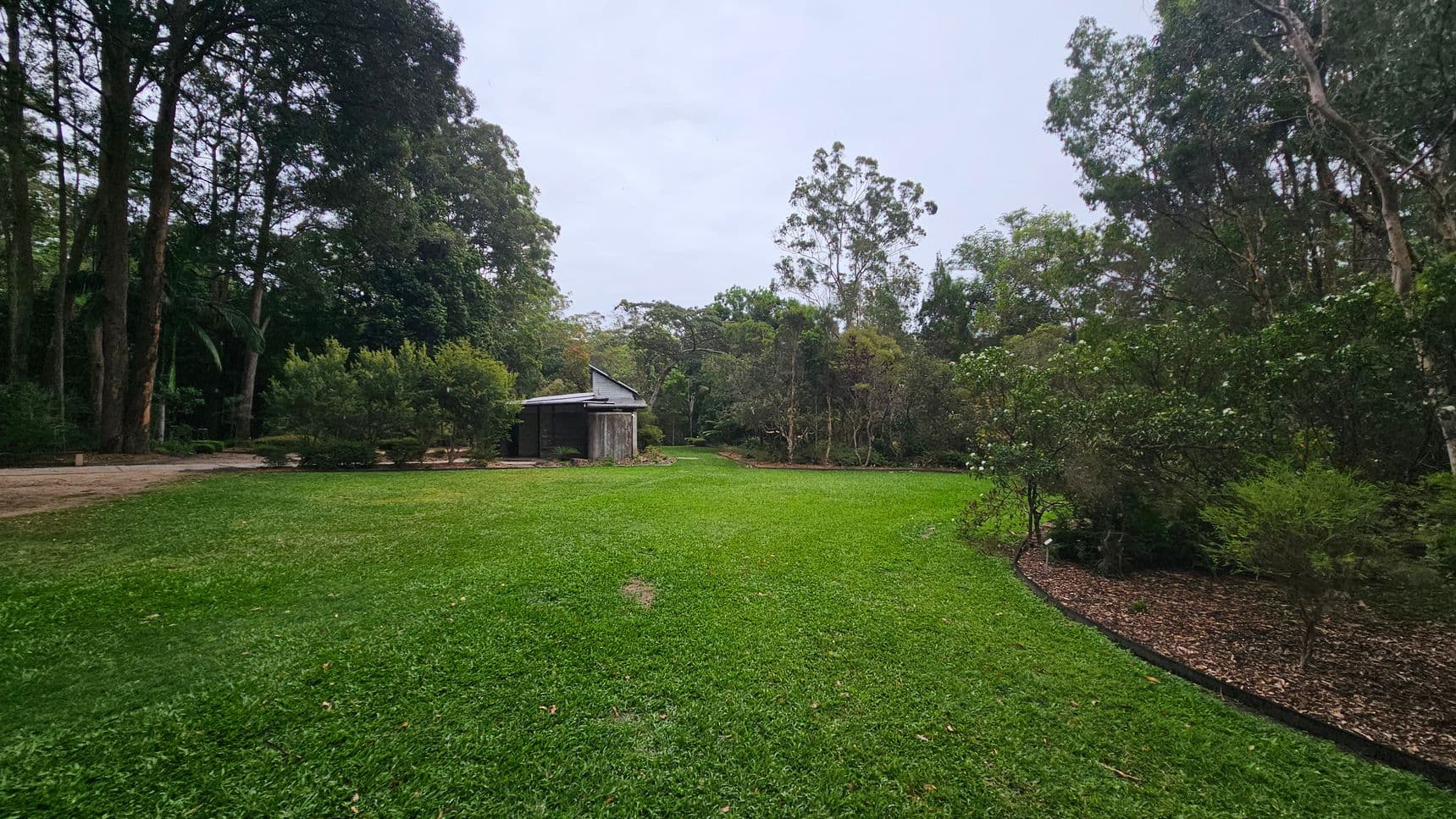 A lush green lawn stretches across the foreground, bordered by a variety of trees and shrubs. On the left, a small, rustic building with a slanted roof is partially obscured by trees. The background is densely wooded, with tall trees and thick foliage. The ground is covered with grass, and there is a narrow path leading towards the building. The scene is tranquil and natural, with a mix of open space and dense vegetation.