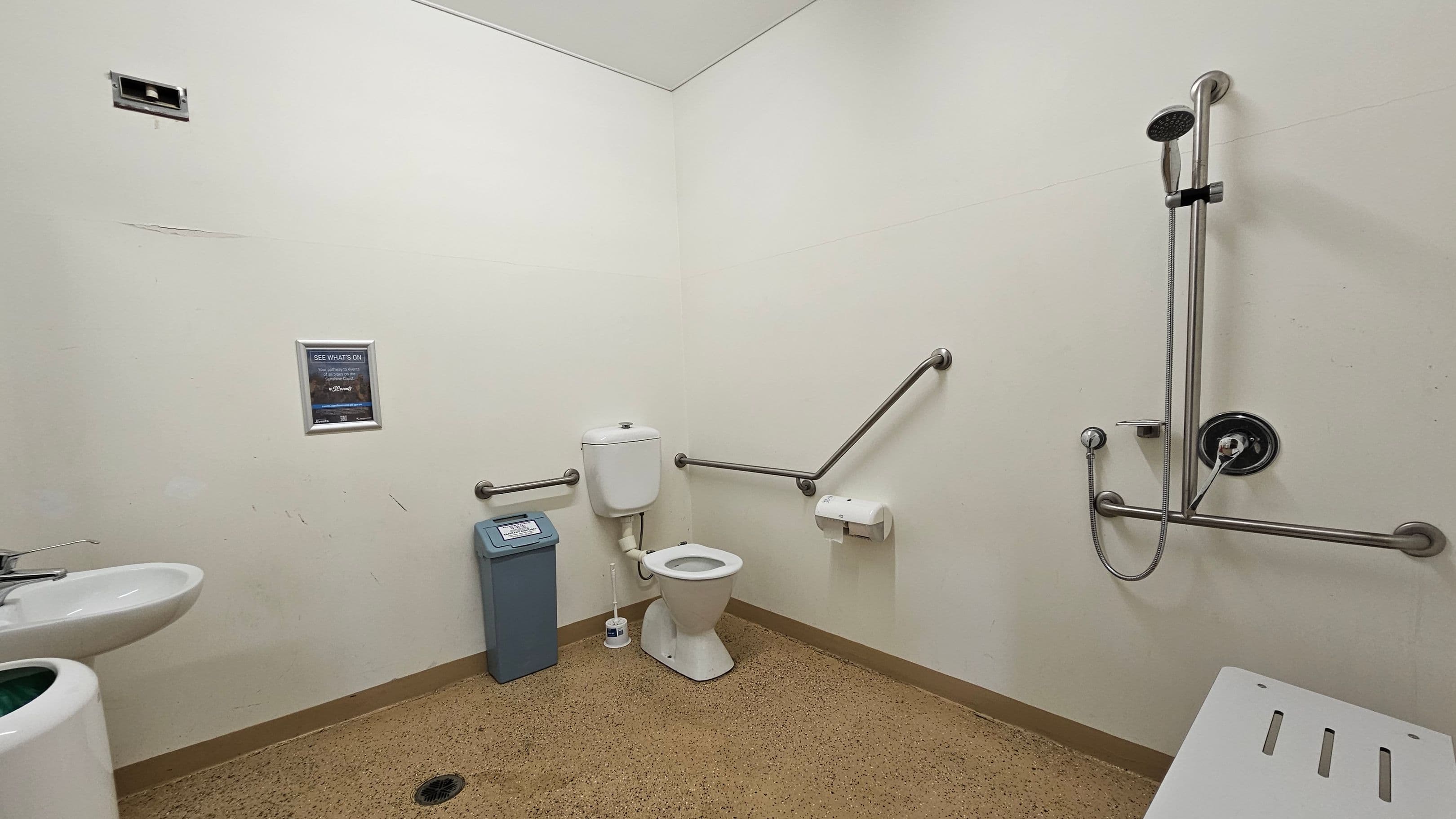 A bathroom with a white toilet in the centre, equipped with metal grab bars on both sides. To the left, there's a small sink with a tap and a waste bin nearby. On the right, a shower area with a handheld showerhead attached to a vertical rail and more grab bars. A white bench is partially visible in the foreground. The walls are light green, and the floor is speckled brown. A small poster is mounted on the wall above the bin.