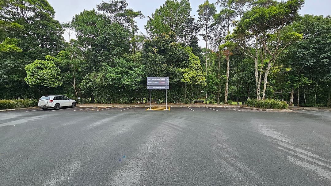 A road intersection with a sign pointing left to "Mary Cairncross Park" on the left side. The road has yellow painted speed bumps. On the right, a white car is parked near a sign with information. The background is filled with dense green trees and foliage. The road surface is grey, and there is a grassy area beside the road.