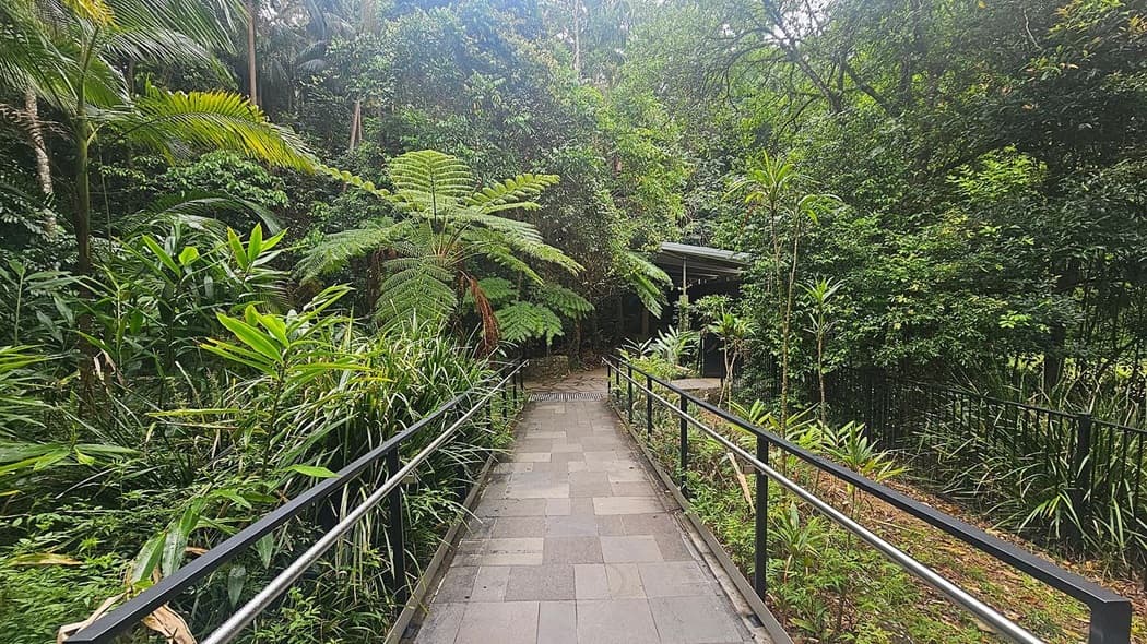 Large glass doors and windows dominate the centre, offering a view of lush green foliage outside. A stone wall is on the right, and a signboard with text is positioned on the floor in the foreground. The floor is speckled with a striped mat near the entrance. An emergency exit sign is above the door.