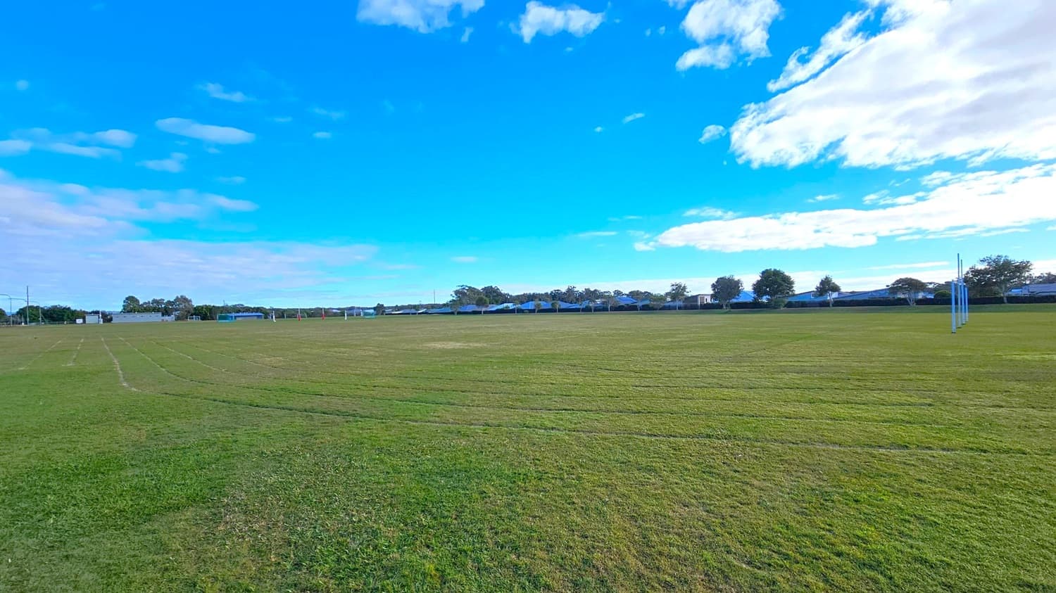A wide, grassy sports field with visible lines on the ground. On the right, there are two sets of white goalposts. In the background, a row of trees and buildings can be seen, with a few scattered trees on the horizon. The field is expansive, with a mix of green and brown patches.