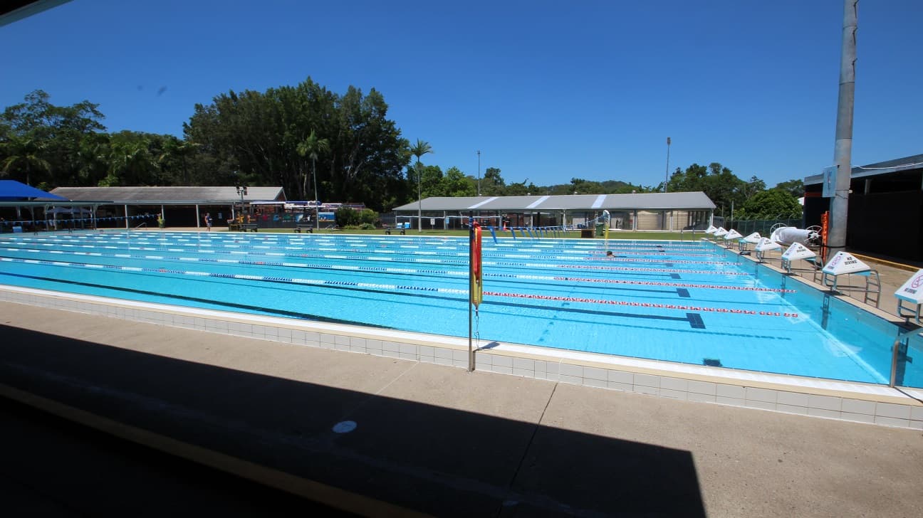 The outdoor 50m pool at the Nambour Aquatic Centre. The pool is 8 lanes wide and this image is looking back across toward the 25m indoor pool.