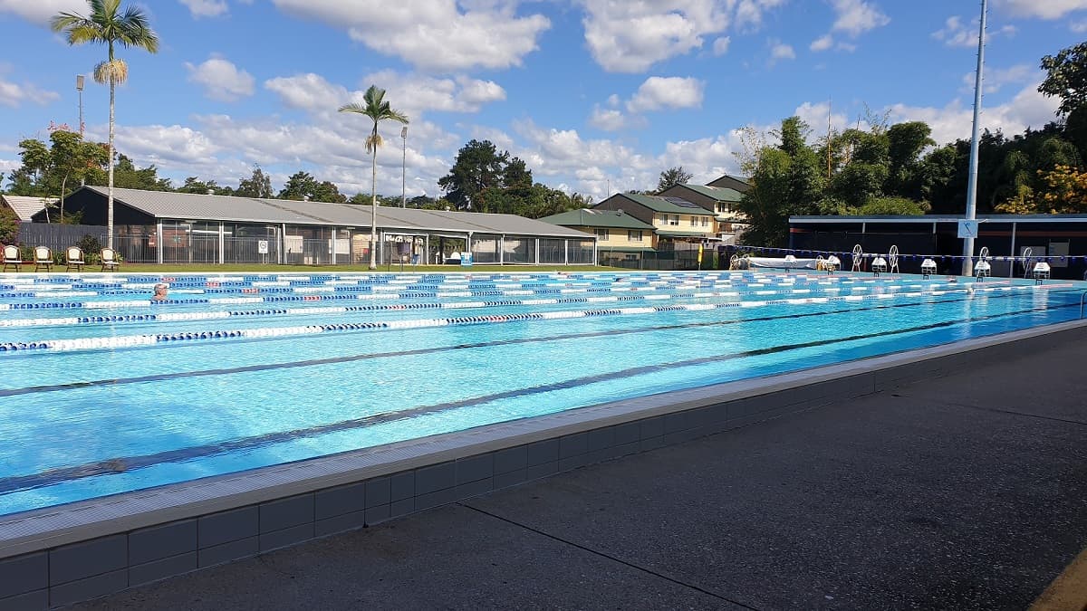 The outdoor 50m pool at the Nambour Aquatic Centre. The pool is 8 lanes wide and this image is looking back across toward the 25m indoor pool.