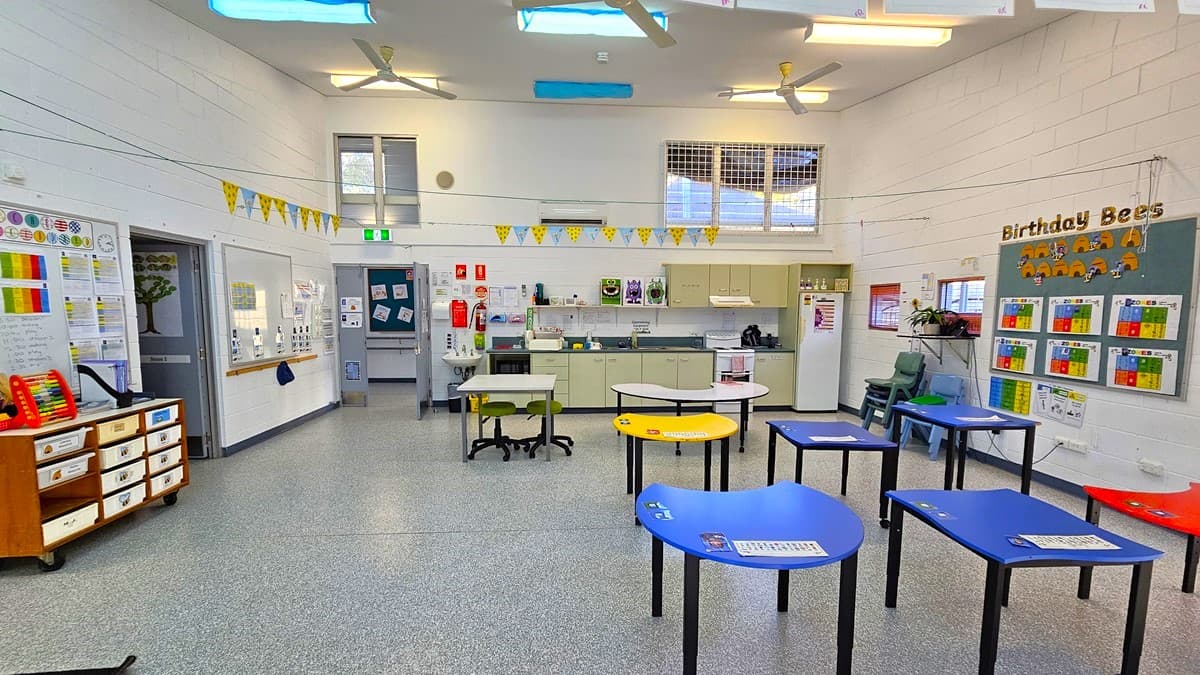 On the left, there is a wooden dresser with drawers, a whiteboard with colourful markers, and a door with posters. On the right, there is a bulletin board titled "Birthday Bees" with charts and a small sink area. In the middle, there are several blue and yellow tables with black legs, and a few chairs. The background features a kitchenette with cabinets, a sink, and a notice board. The floor is speckled grey, and the ceiling is white with skylights, fluorescent lights, and ceiling fans.