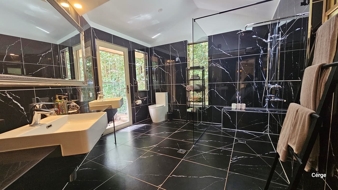 The bathroom comes with spacious surroundings featuring black-tiled walls and floors adorned with a lightning design. On the left, are two wash basins, a large mirror, and bathroom essentials. In the corner, a toilet bowl with metal handrails, and a tissue dispenser. On the right, the bathroom shower is enclosed with glass. A shelf with rolled towels is near the shower entrance, and a towel rack is towards the door. The view includes a glimpse of the rainforest outside.