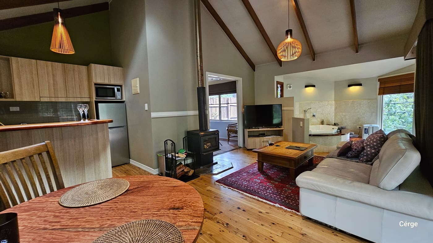 To the right is a grey leather couch adorned with pillows, accompanied by a wooden center table. To the right, a flatscreen TV is placed on top of a TV rack. Next to it is a wash basin. A glass door on the right leads to the pool. The floor is made of timber, and a large red carpet embellishes the living room. To the left is a round table with two place mats, near the fully furnished kitchen area. Uniquely designed light fixtures hang from the wooden plank design ceiling.