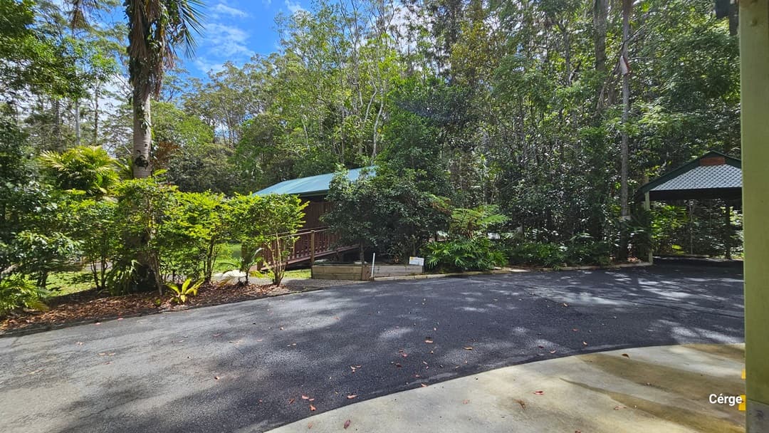 From the reception at Narrows Escape Rainforest Retreat, moving left past the guest carports on the right, visitors will find a short pathway leading to a small brown structure with a green roof. Access to this building is provided by a timber ramp with a gentle incline. The area is surrounded by diverse trees, shrubs, and ornamental plants. A carport is also positioned to the right, near the road.