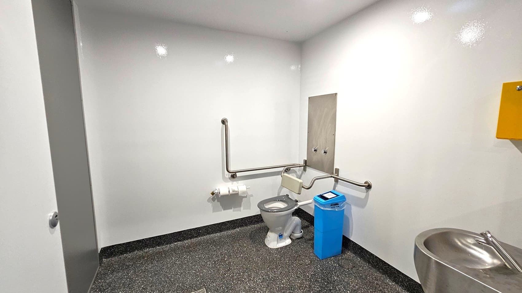 A small, accessible bathroom with white walls and a speckled dark floor. On the right, a stainless steel sink with a single lever tap is mounted on the wall. In the centre, a toilet with support rails on both sides and a blue bin nearby. A toilet paper holder is attached to the wall. On the left, a grey door is partially visible. The ceiling is plain white with recessed lighting.