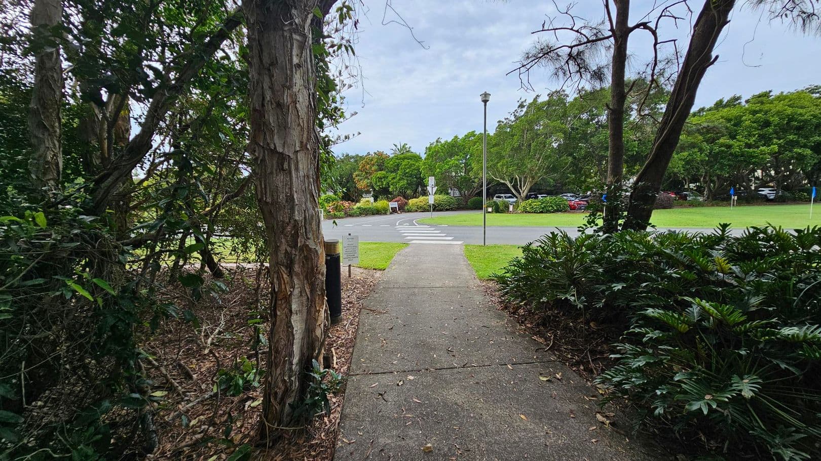A narrow concrete path leads through a wooded area with trees and dense foliage on both sides. The path opens onto a grassy area with a roundabout and a zebra crossing. A streetlamp stands near the crossing. In the background, there are more trees and parked cars, with a few signs visible. The ground is covered with leaves and the sky is overcast.