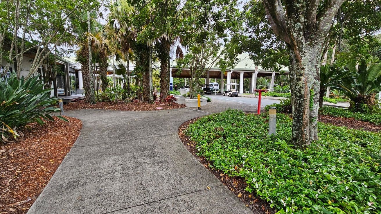 A concrete path curves through a landscaped area with lush greenery and trees on both sides. On the left, there are large glass windows of a building partially visible. On the right, a tree stands amidst low green shrubs. In the background, a covered area with columns is visible, along with a parked golf cart and a vehicle. The ground is covered with mulch and the area is well-maintained.