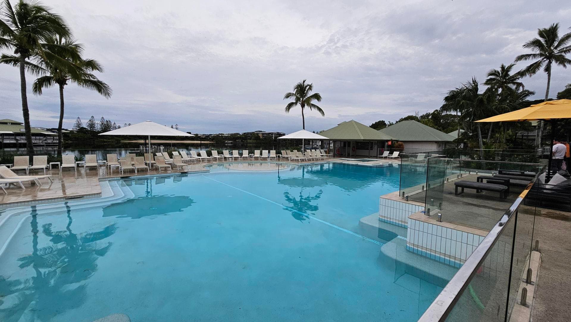A large outdoor swimming pool with clear blue water is surrounded by white sun loungers and large umbrellas. On the left, there are tall palm trees. On the right, a glass barrier separates the pool from a seating area with dark cushioned benches under a yellow umbrella. In the background, there are more palm trees and a building with a green roof. The pool area is spacious and well-maintained.
