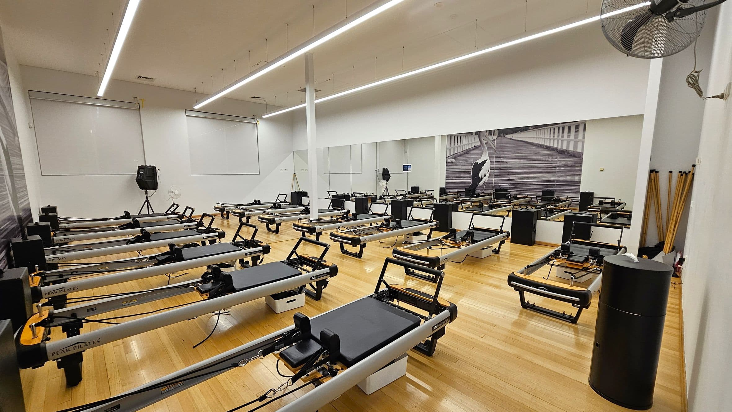 A spacious Pilates studio with wooden flooring and a high ceiling featuring linear lights. Multiple Pilates reformer machines are arranged in rows across the room. A large mirror spans the right wall, reflecting the equipment and a mural of a pelican on a boardwalk. On the left, two large windows with blinds are visible. A speaker and fan are positioned near the windows. In the foreground on the right, a black cylindrical object and wooden poles are present.