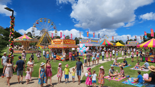 A lively fairground scene with a Ferris wheel and carousel on the left. In the centre, food stalls offer hot dogs, popcorn, and other treats. Colourful tents and flags are visible throughout. People, including families with children, are walking and sitting on picnic blankets on the grass. A tall pole decorated with flowers is on the left. The atmosphere is bustling with activity.