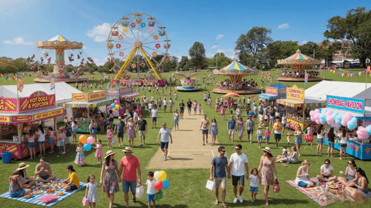 A lively fairground scene with numerous people enjoying the day. On the left, there are stalls selling hot dogs and popcorn, with colourful signage. On the right, a "Showbag Pavilion" and "Carnival Treats" stalls are visible, adorned with balloons and bunting. In the centre, a path leads towards a Ferris wheel and other rides, including a carousel and teacup ride. Families and groups are scattered across the grass, some sitting on picnic blankets. Trees are in the background.