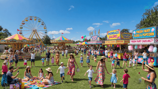 A lively fairground scene with a Ferris wheel and carousel on the left. In the centre, people are walking and children are playing on the grass. On the right, there are colourful stalls with signs for "Showbags Galore" and "Fresh Fairy Floss & Popcorn". Families are enjoying picnics on the grass, with picnic blankets and baskets. The area is bustling with activity, and the atmosphere is festive and vibrant.
