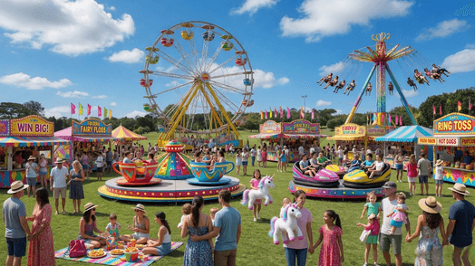A lively fairground scene with a Ferris wheel in the centre background and a spinning swing ride to the right. In the foreground, families are having a picnic on the grass, with colourful blankets and food. To the left, there are stalls with signs like "Win Big!" and "Fairy Floss". In the middle, a teacup ride is surrounded by people. To the right, bumper cars are in action, and a "Ring Toss" stall is visible. The area is bustling with visitors enjoying the attractions.