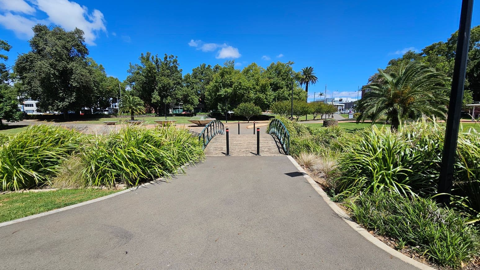 A small bridge with green railings is in the centre, leading over a path surrounded by lush greenery. On the left and right, there are tall grasses and palm trees. In the background, large trees and a few buildings are visible. The path is paved and bordered by grass. The sky is clear and blue.