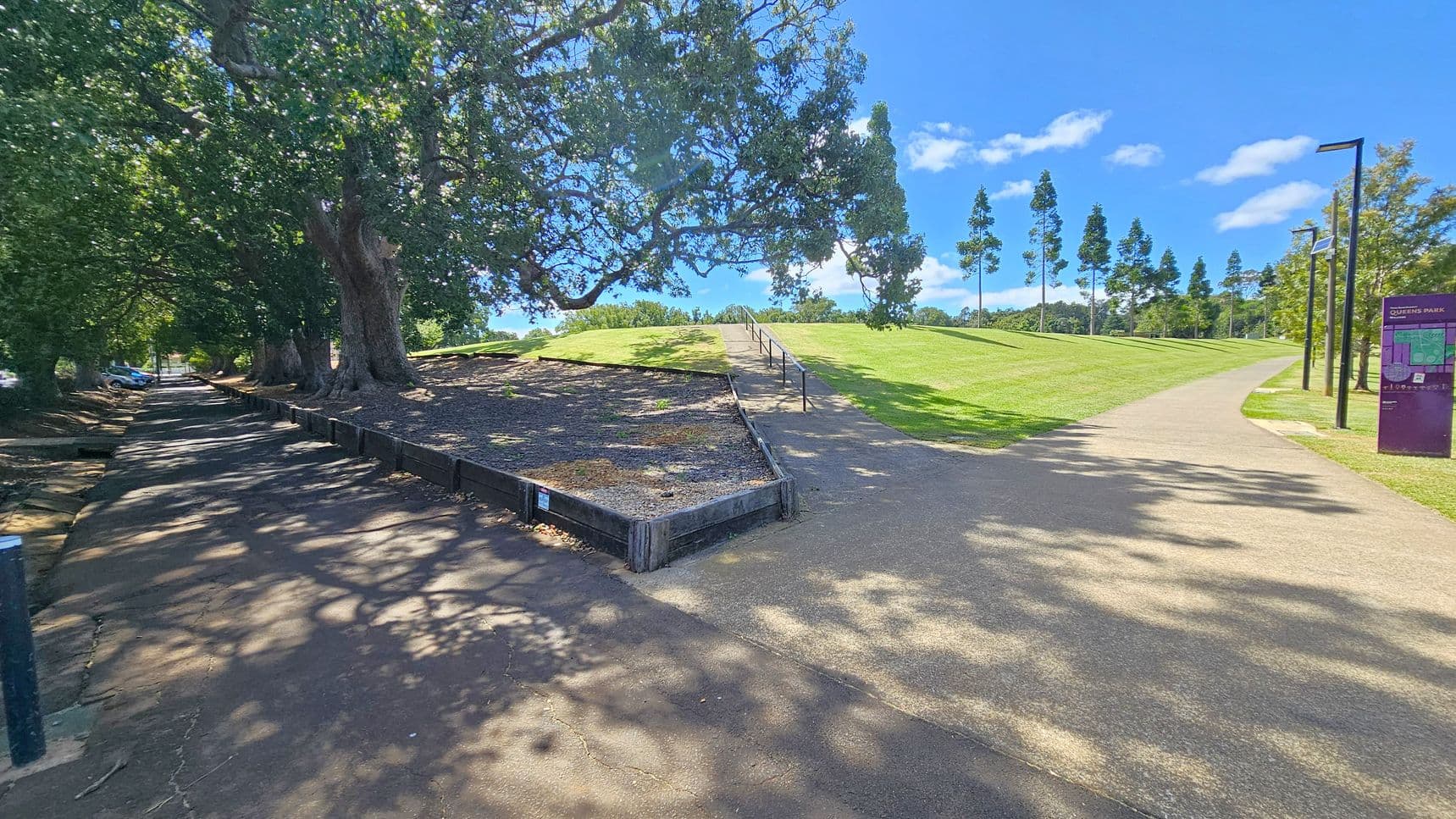 A park scene with a paved path in the centre leading up a grassy hill. On the left, a row of large trees provides shade over a separate path. To the right, a series of tall, slender trees lines the path, with a purple information board visible. The ground is a mix of grass and paved surfaces, and the sky is clear with a few clouds.