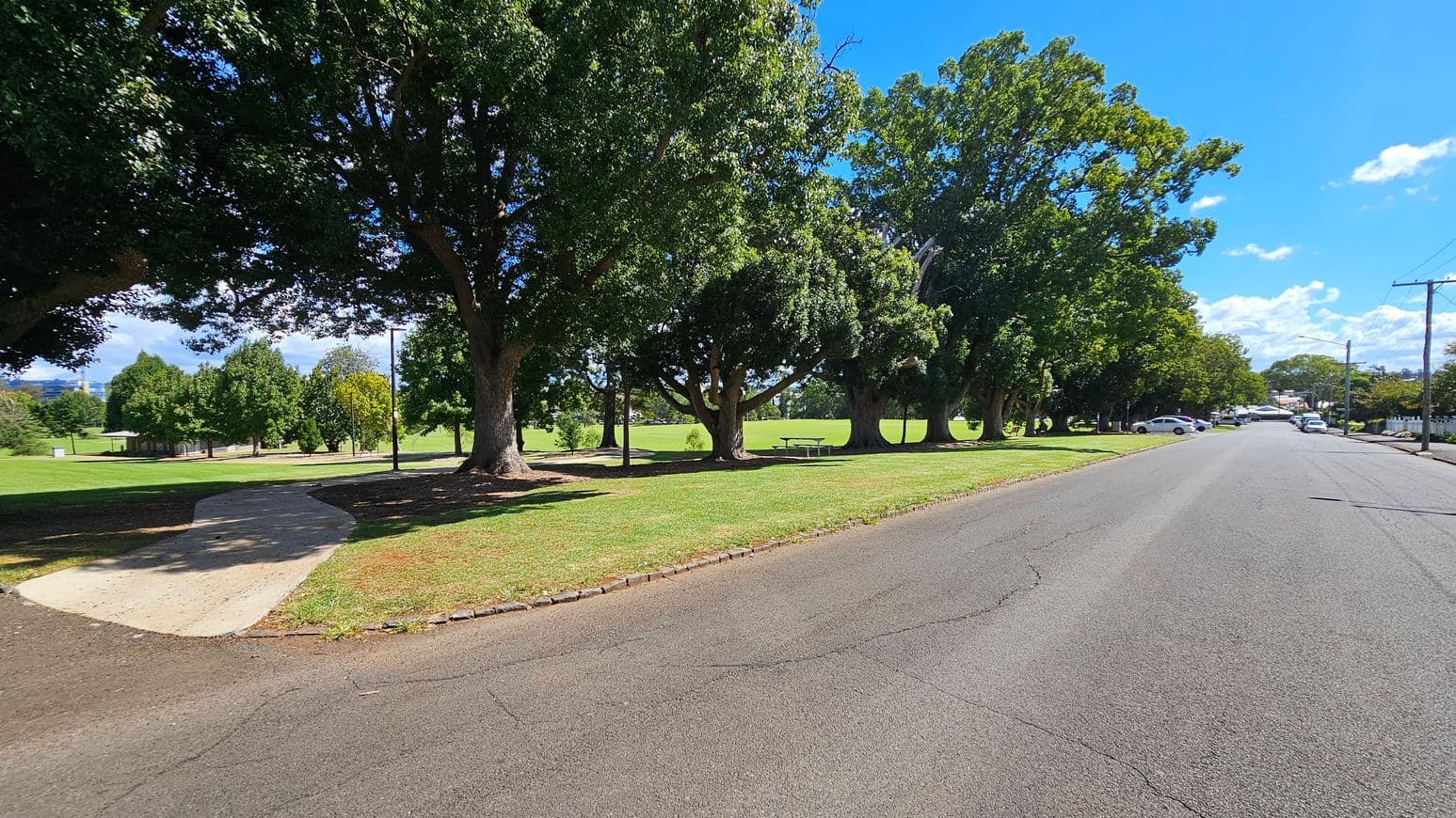 A tree-lined street with a grassy area on the left, featuring large trees casting shadows on the ground. A paved path runs through the grass, leading to a picnic table. On the right, the road is bordered by more trees and parked cars. The background shows a continuation of the park area and distant buildings. The road surface is cracked, and there are power lines visible on the right side.