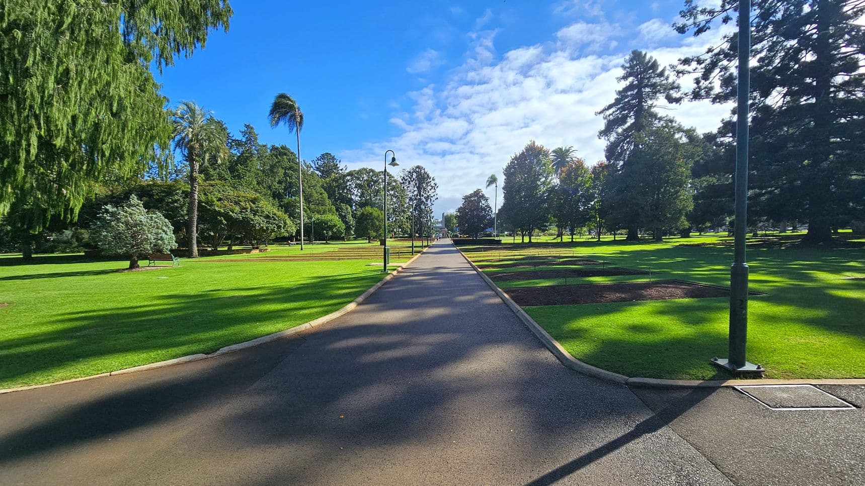 A paved path runs through the centre of a park, flanked by well-maintained grass. On the left, there are various trees, including a tall palm and a bushy conifer. On the right, more trees and a lamp post are visible. The path is lined with additional lamp posts, and the shadows of trees create patterns on the ground. The background features a variety of trees, adding depth to the scene.