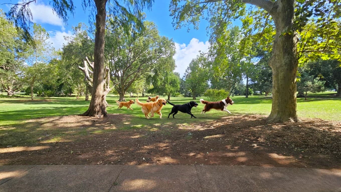 A group of dogs is running across a grassy park. In the foreground, a paved path is visible, bordered by trees with thick trunks. The dogs, including golden retrievers and a black dog, are in mid-motion, with their fur catching the light. The background is filled with lush green trees and open grassy areas, creating a vibrant and lively scene. Shadows from the trees are cast on the ground, adding depth to the image.