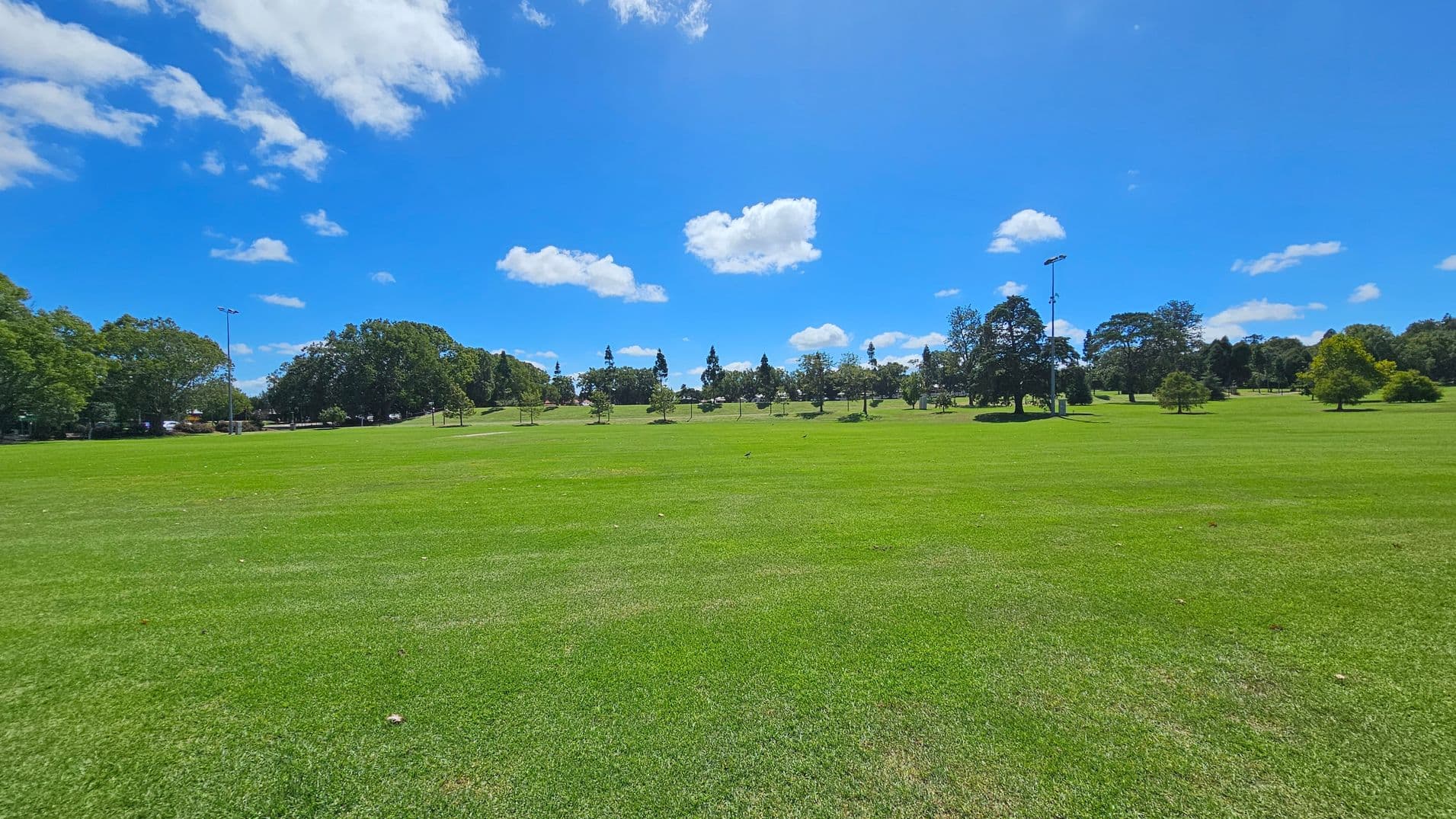 A vast green field stretches across the foreground, with well-maintained grass. In the background, there are scattered trees of varying sizes, some with dense foliage. A few tall light poles are visible among the trees. The scene is open and expansive, with a clear view of the landscape.