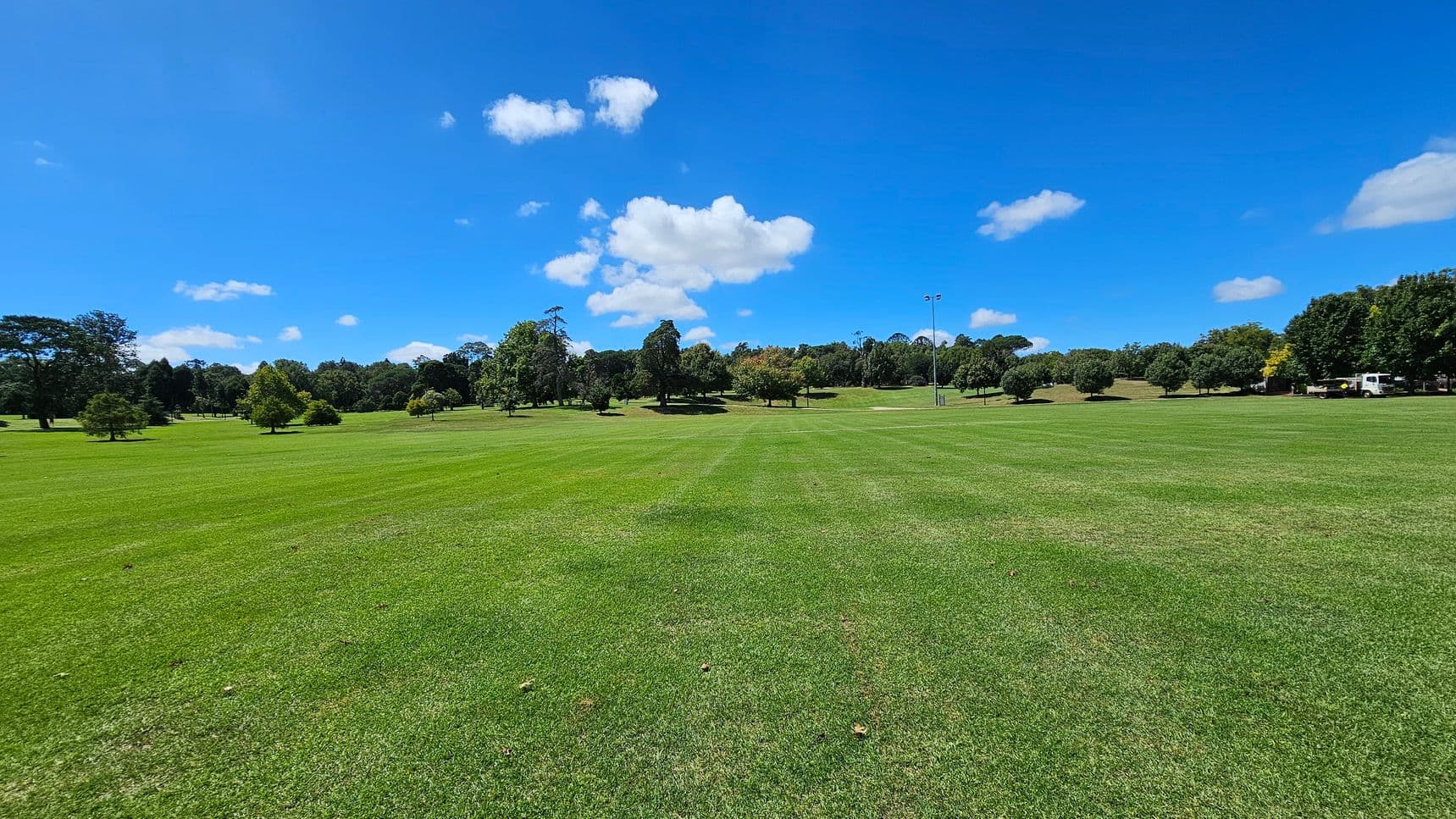 A vast, open grassy field stretches across the foreground, with neatly mowed grass. In the background, a line of trees of varying sizes and shapes creates a natural border. To the right, a white vehicle is parked near the trees, and a tall light pole is visible. The sky is bright blue with scattered white clouds.