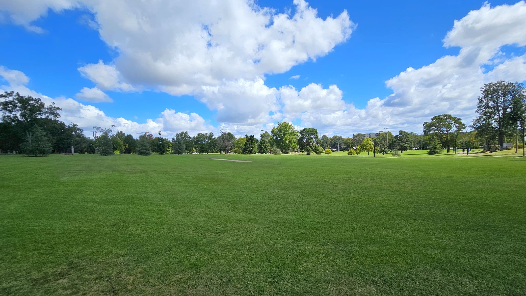 A vast green field stretches across the foreground, with well-maintained grass. In the background, a variety of trees are scattered, including some tall and leafy ones. A few people can be seen walking on a path to the right. The sky is filled with large, fluffy clouds against a bright blue backdrop.