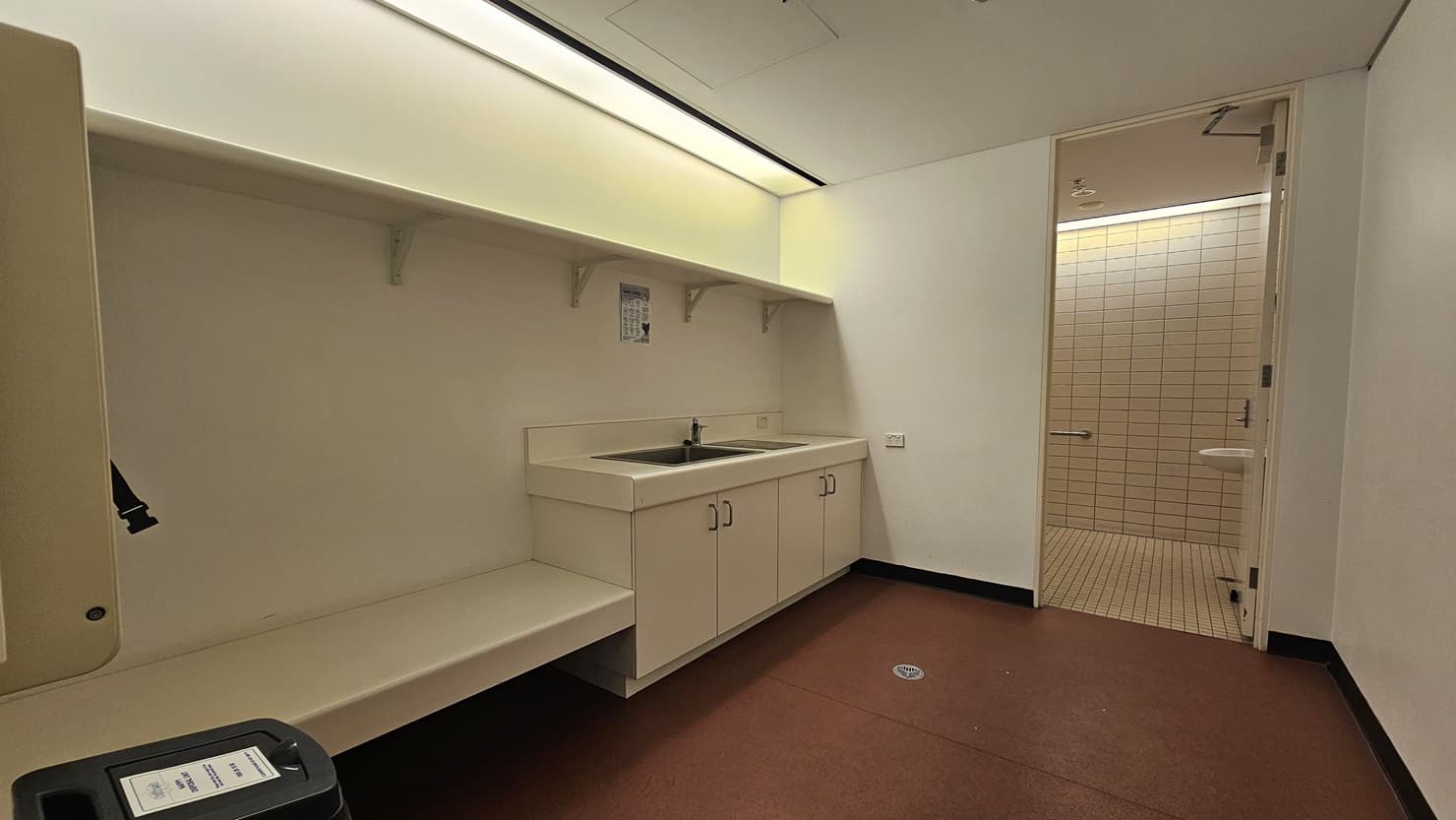 On the right-hand side, there is a toilet area featuring white tiled walls. Positioned outside the toilet, towards the left, is a wash basin accompanied by cabinets. Adjacent to the basin, there is a long bench and a rubbish bin. The floor is covered with pink carpet, while both the ceiling and the wall exhibit a white colour scheme.