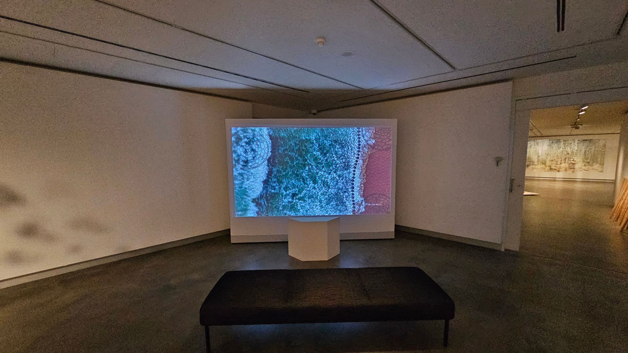 A room with a large screen in the centre displaying a colourful, abstract image. In front of the screen is a black bench. The floor is dark and smooth, and the ceiling has recessed lighting. To the right, an open doorway leads to another room with artwork on the walls. The walls are plain and light-coloured, creating a minimalist atmosphere.
