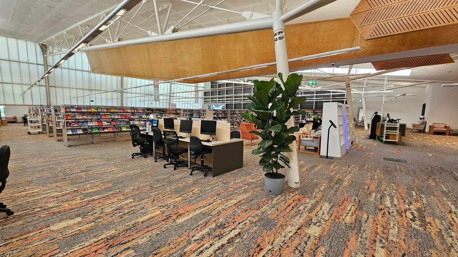 A spacious library interior with a patterned carpet floor. On the left, there are rows of bookshelves filled with books and magazines. In the centre, a row of computer desks with black chairs is visible. To the right, a large potted plant stands near a white column. The ceiling features exposed beams and wooden panels. In the background, more seating areas and bookshelves are visible, along with large windows allowing natural light to enter.